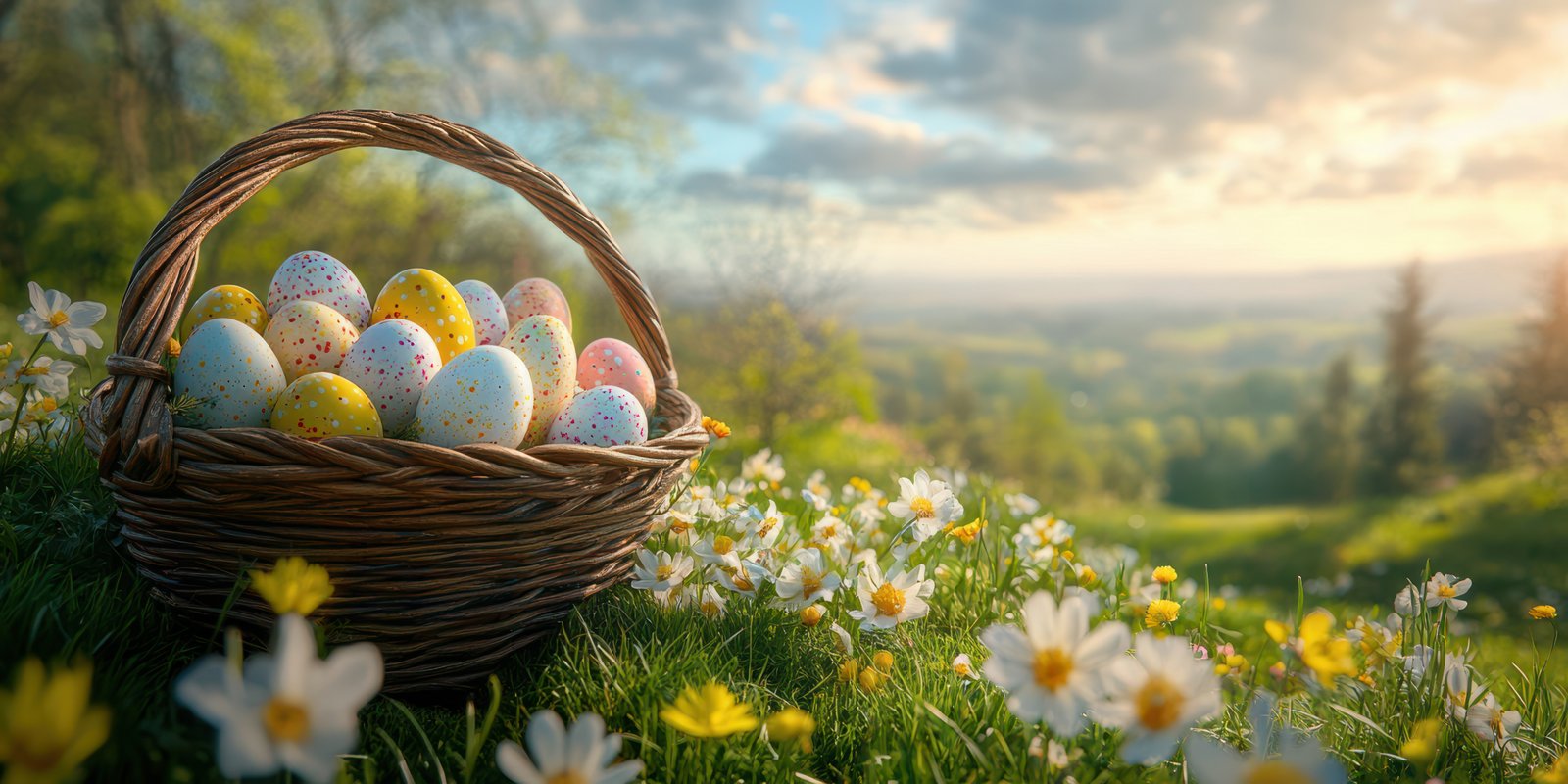 Colorful Easter eggs in a wicker basket amidst blooming flowers on a sunny spring day in a peaceful countryside landscape
